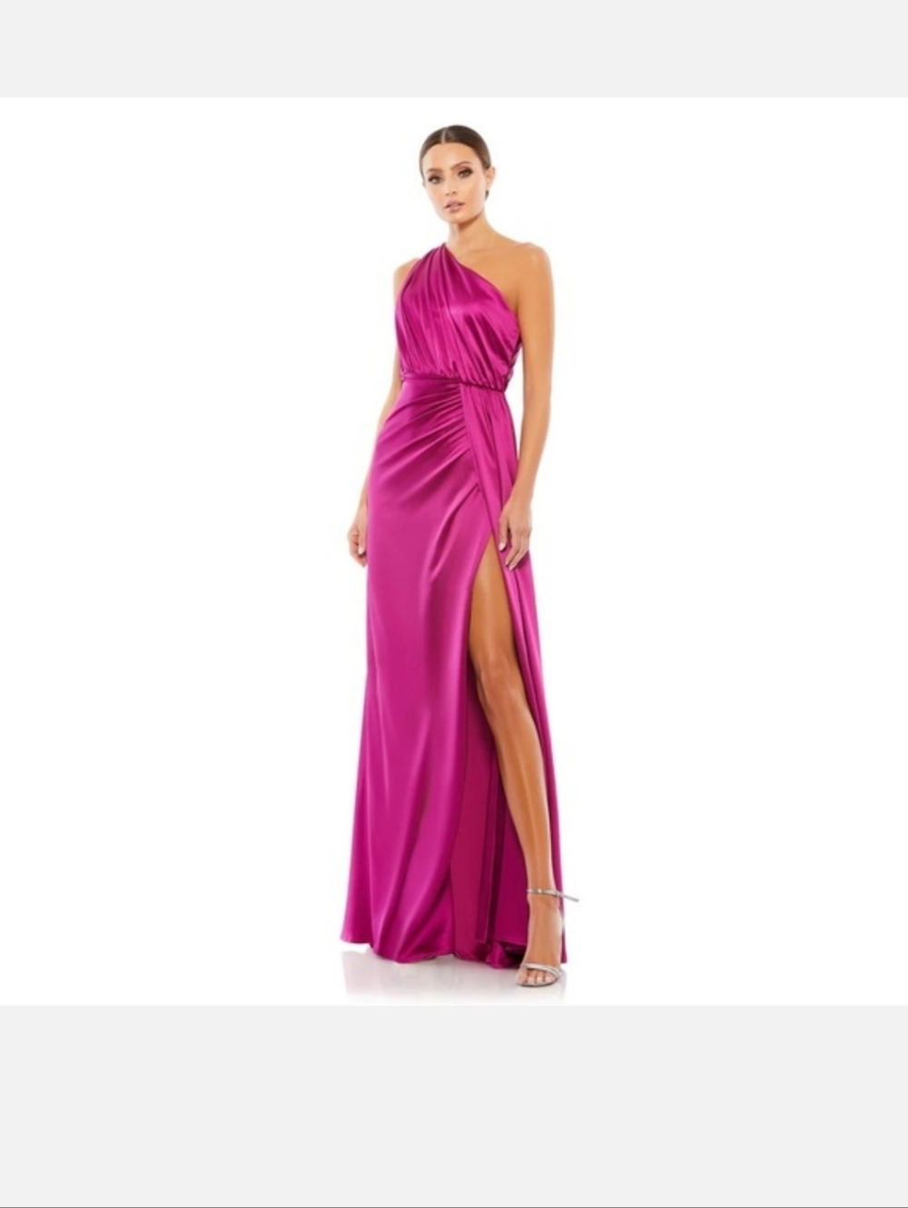 NWT Mac Duggal Gathered One-Shoulder Satin Faux Wrap Berry Fuschia Gown 6 26654